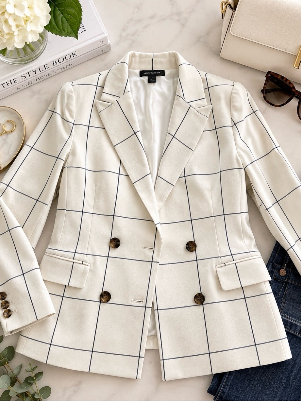 Ann Taylor Cream Windowpane Double-Breasted Blazer, sz 8 M